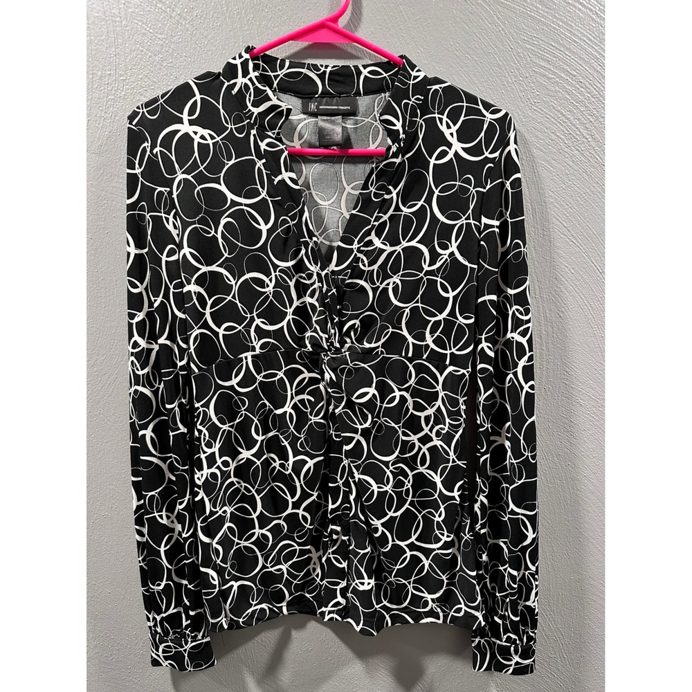 INC International Concepts Womens Small Black White Circle Print V-Neck Blouse